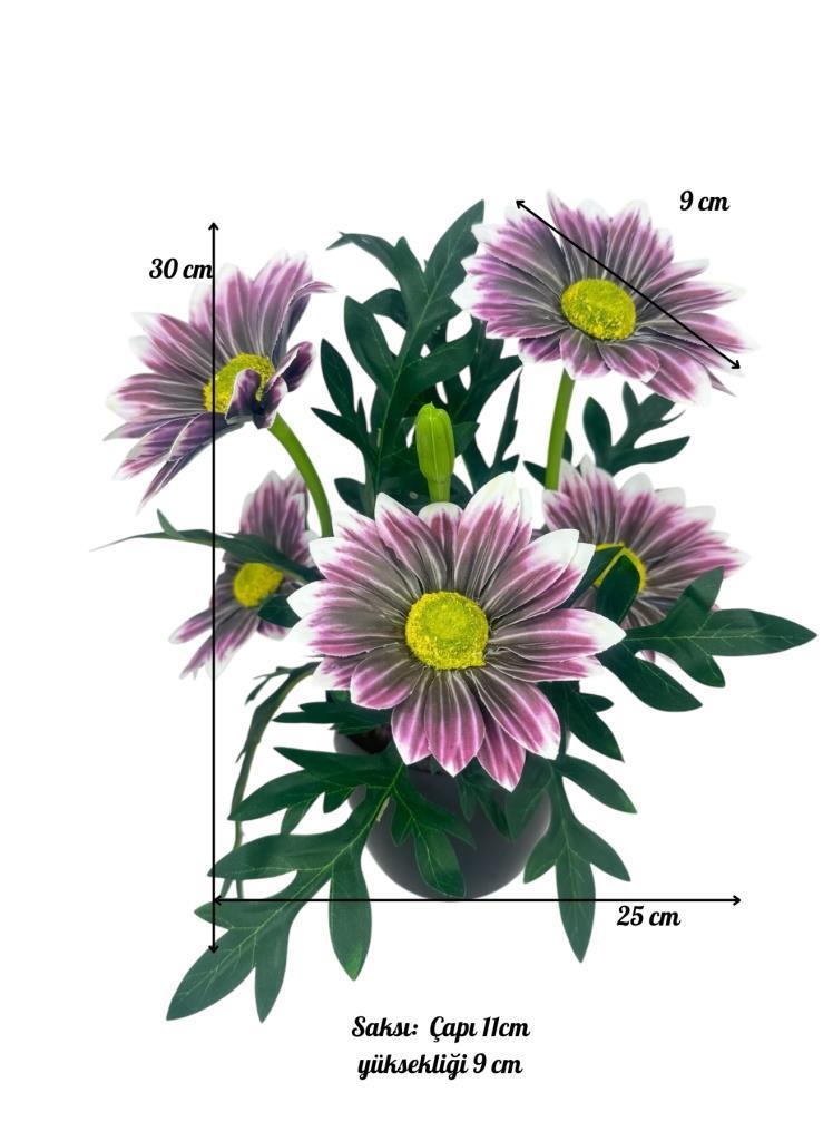 Yapay Çiçek Mürdüm Margarit Papatya Siyah Saksıda Dekoratif Yapay Çiçek 30*25cm