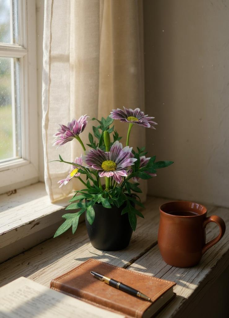 Yapay Çiçek Mürdüm Margarit Papatya Siyah Saksıda Dekoratif Yapay Çiçek 30*25cm