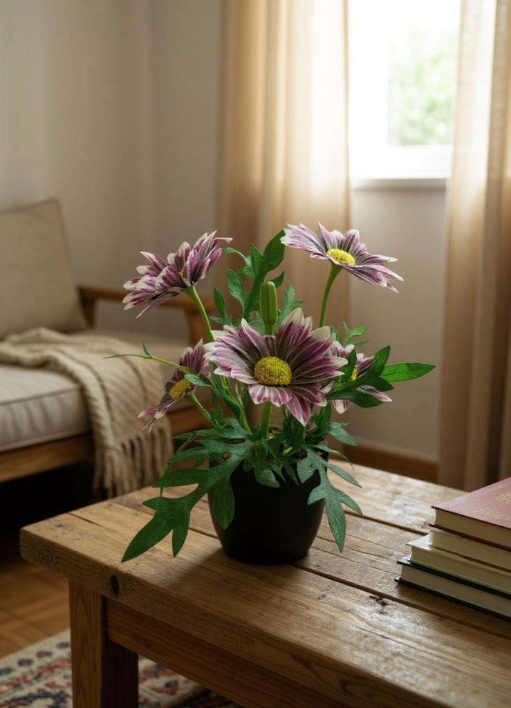 Yapay Çiçek Mürdüm Margarit Papatya Siyah Saksıda Dekoratif Yapay Çiçek 30*25cm