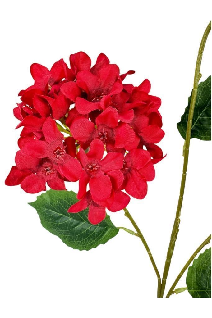 Yapay Çiçek Ortanca 3 Toplu Kırmızı Tek Dal Tomurcuklu 75*25cm Kumaş Çiçek Uzun Dal