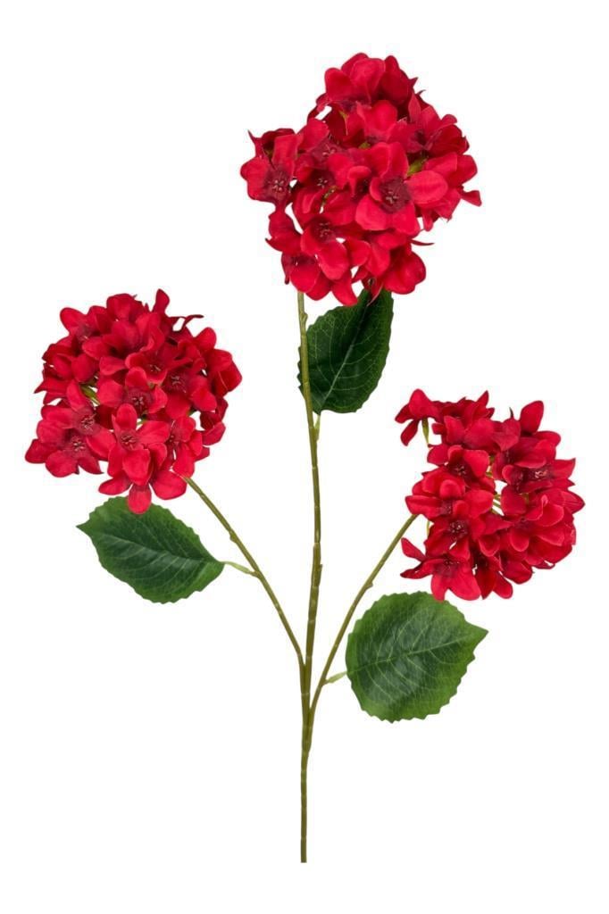 Yapay Çiçek Ortanca 3 Toplu Kırmızı Tek Dal Tomurcuklu 75*25cm Kumaş Çiçek Uzun Dal
