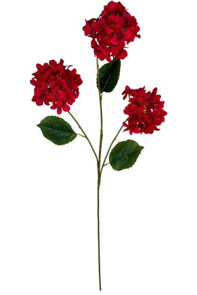 Yapay Çiçek Ortanca 3 Toplu Kırmızı Tek Dal Tomurcuklu 75*25cm Kumaş Çiçek Uzun Dal