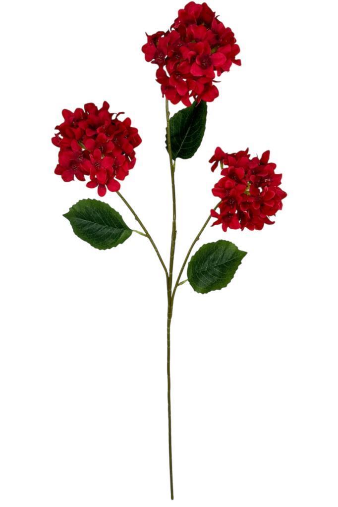 Yapay Çiçek Ortanca 3 Toplu Kırmızı Tek Dal Tomurcuklu 75*25cm Kumaş Çiçek Uzun Dal