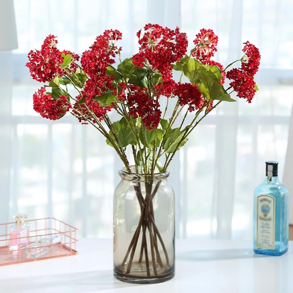 Yapay Çiçek Ortanca 3 Toplu Kırmızı Tek Dal Tomurcuklu 75*25cm Kumaş Çiçek Uzun Dal