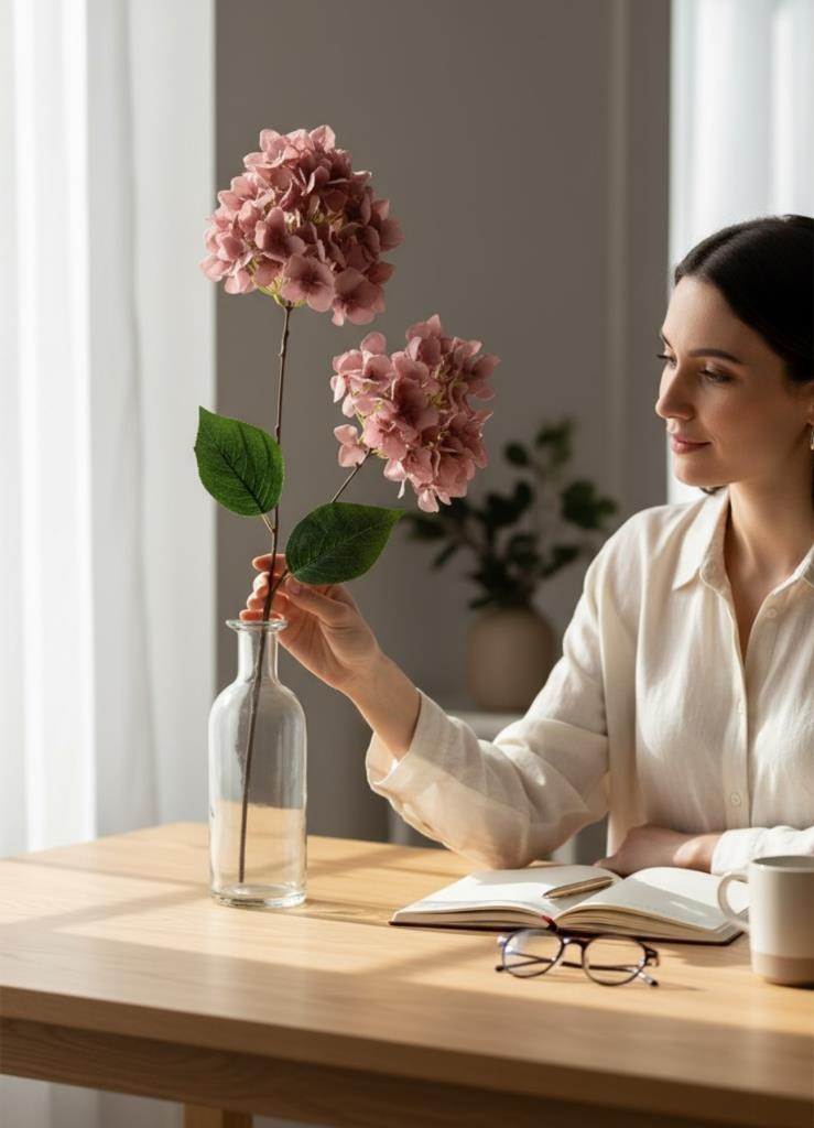 Yapay Çiçek Ortanca 90cm 2Toplu Gülkurusu Koyu Tek Dal Kumaş Çiçek Uzun Dal