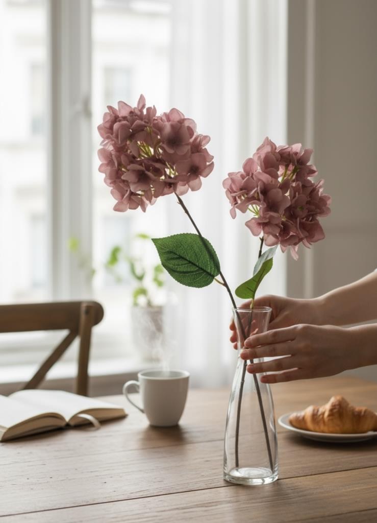 Yapay Çiçek Ortanca 90cm 2Toplu Gülkurusu Koyu Tek Dal Kumaş Çiçek Uzun Dal