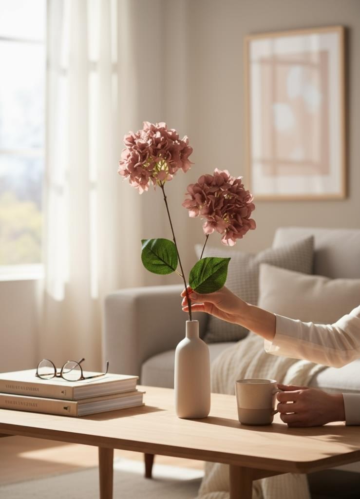Yapay Çiçek Ortanca 90cm 2Toplu Gülkurusu Koyu Tek Dal Kumaş Çiçek Uzun Dal