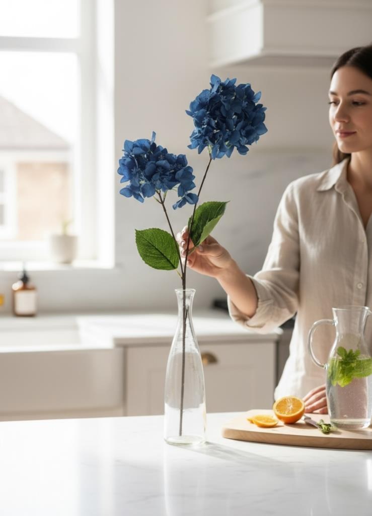 Yapay Çiçek Ortanca 90cm 2Toplu Mavi Koyu Tek Dal Kumaş Çiçek Uzun Dal