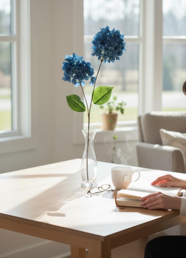 Yapay Çiçek Ortanca 90cm 2Toplu Mavi Koyu Tek Dal Kumaş Çiçek Uzun Dal