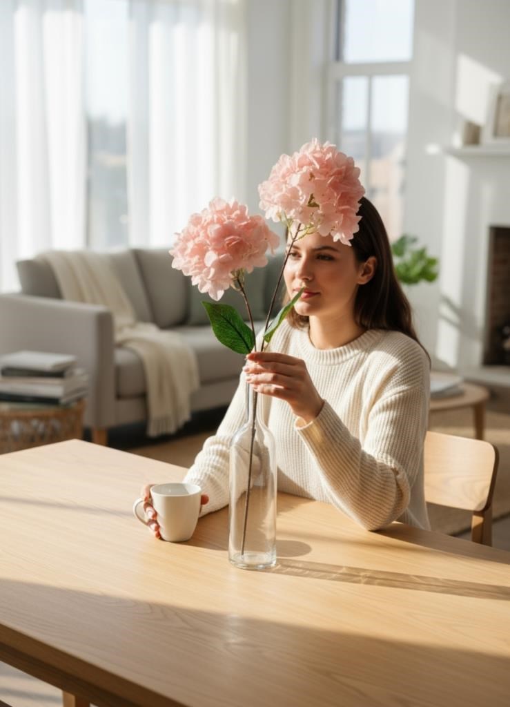 Yapay Çiçek Ortanca 90cm 2Toplu Pembe Tek Dal Kumaş Çiçek Uzun Dal