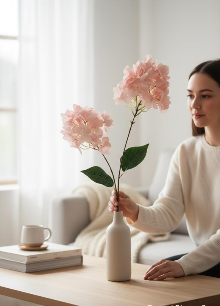 Yapay Çiçek Ortanca 90cm 2Toplu Pembe Tek Dal Kumaş Çiçek Uzun Dal
