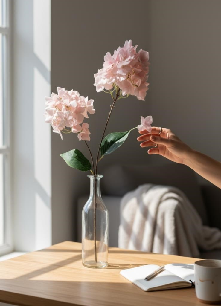 Yapay Çiçek Ortanca 90cm 2Toplu Pembe Tek Dal Kumaş Çiçek Uzun Dal