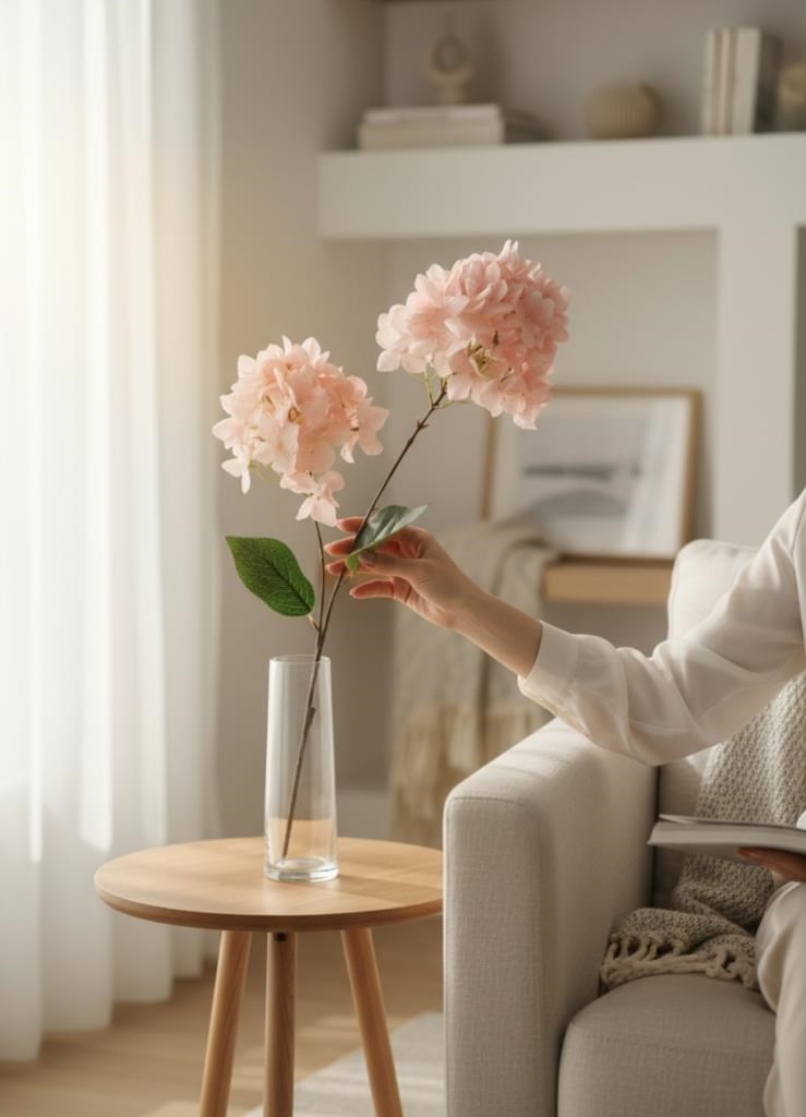 Yapay Çiçek Ortanca 90cm 2Toplu Pembe Tek Dal Kumaş Çiçek Uzun Dal