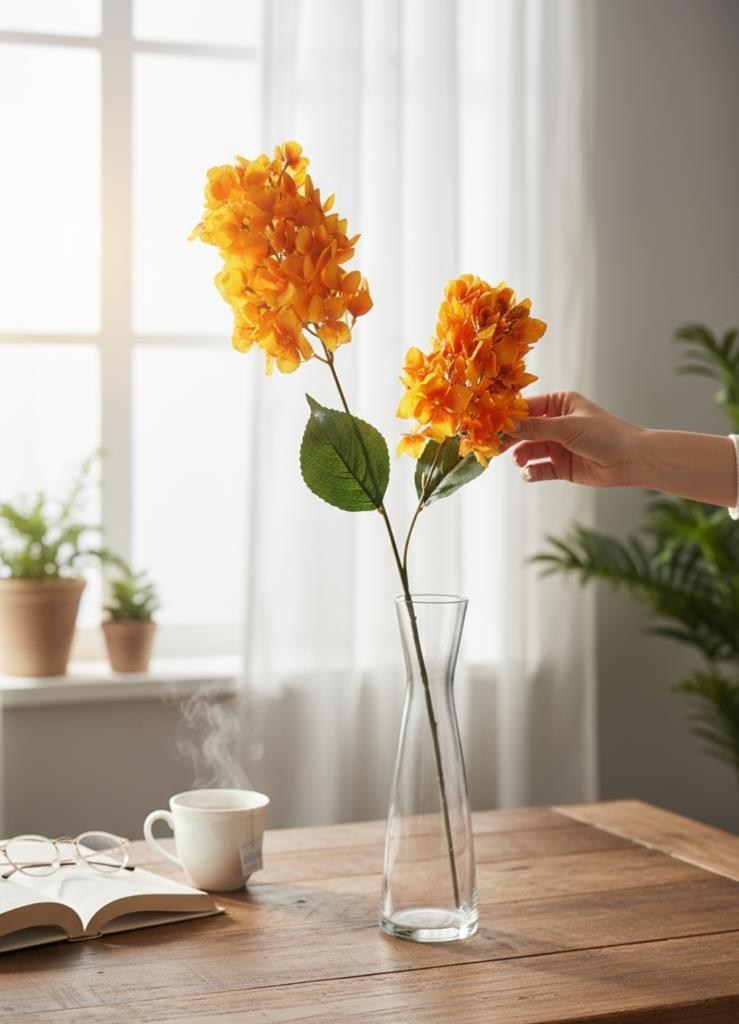 Yapay Çiçek Ortanca 90cm 2Toplu Somon Tek Dal Kumaş Çiçek Uzun Dal