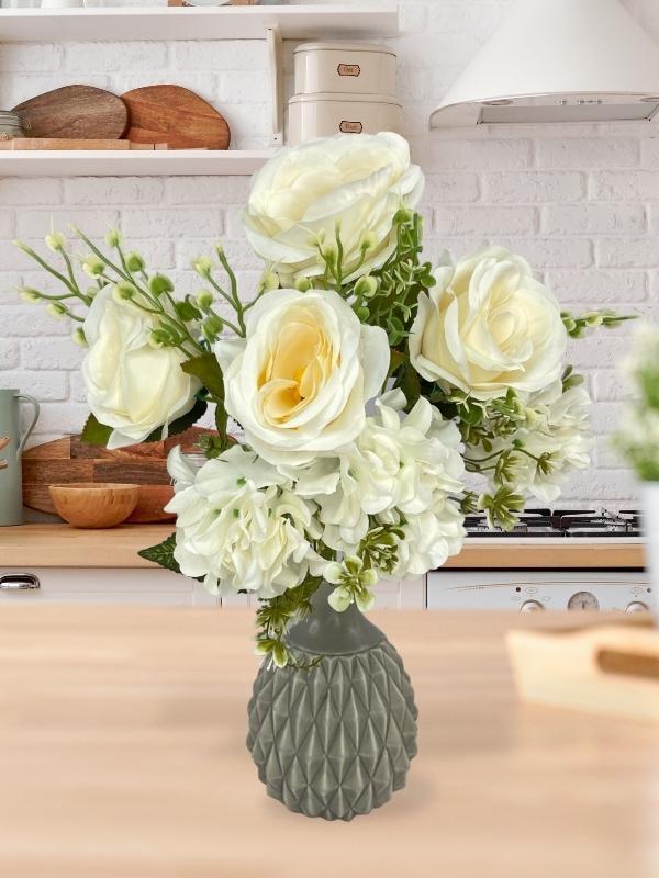 Yapay Çiçek Ortanca ve Gül Demeti 40*25cm Büyükboy KREM