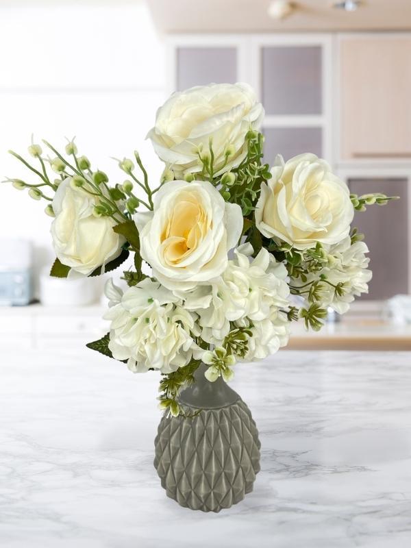 Yapay Çiçek Ortanca ve Gül Demeti 40*25cm Büyükboy KREM