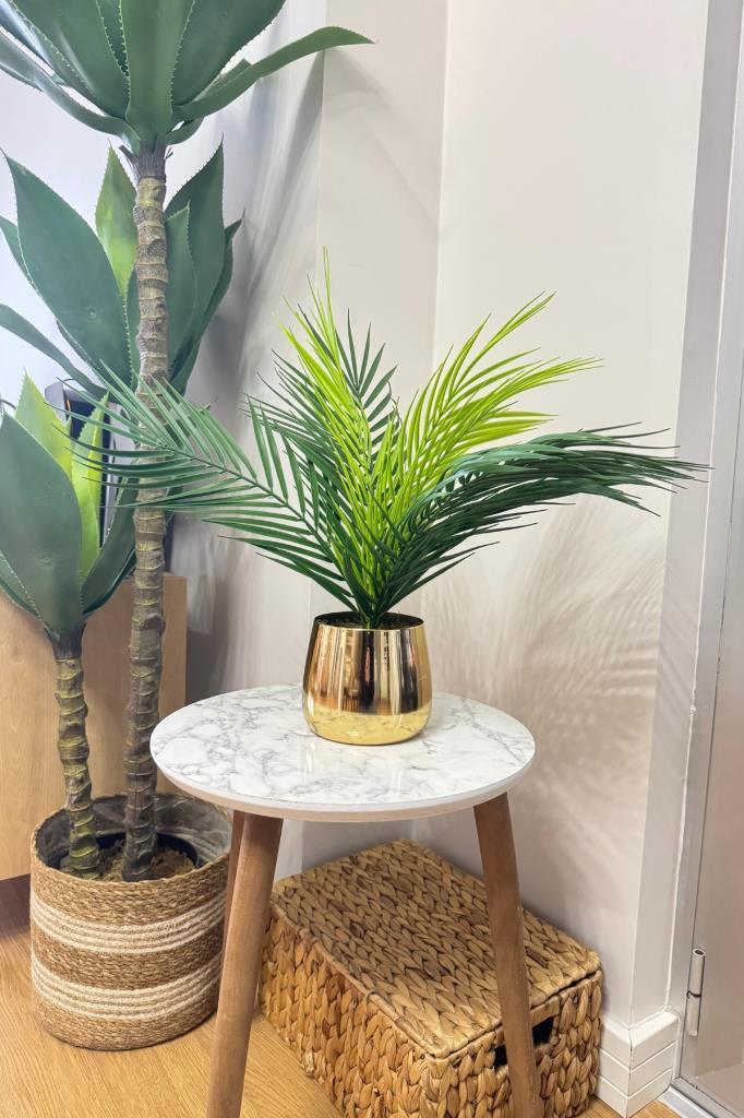 Yapay Çiçek Palmiye Areka Yapay Bitki Gold Metal Saksı Salon Çiçeği 9 Yaprak 50cm