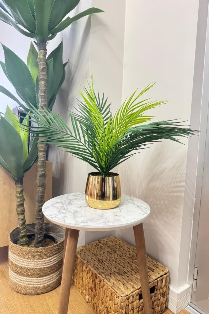 Yapay Çiçek Palmiye Areka Yapay Bitki Gold Metal Saksı Salon Çiçeği 9 Yaprak 50cm
