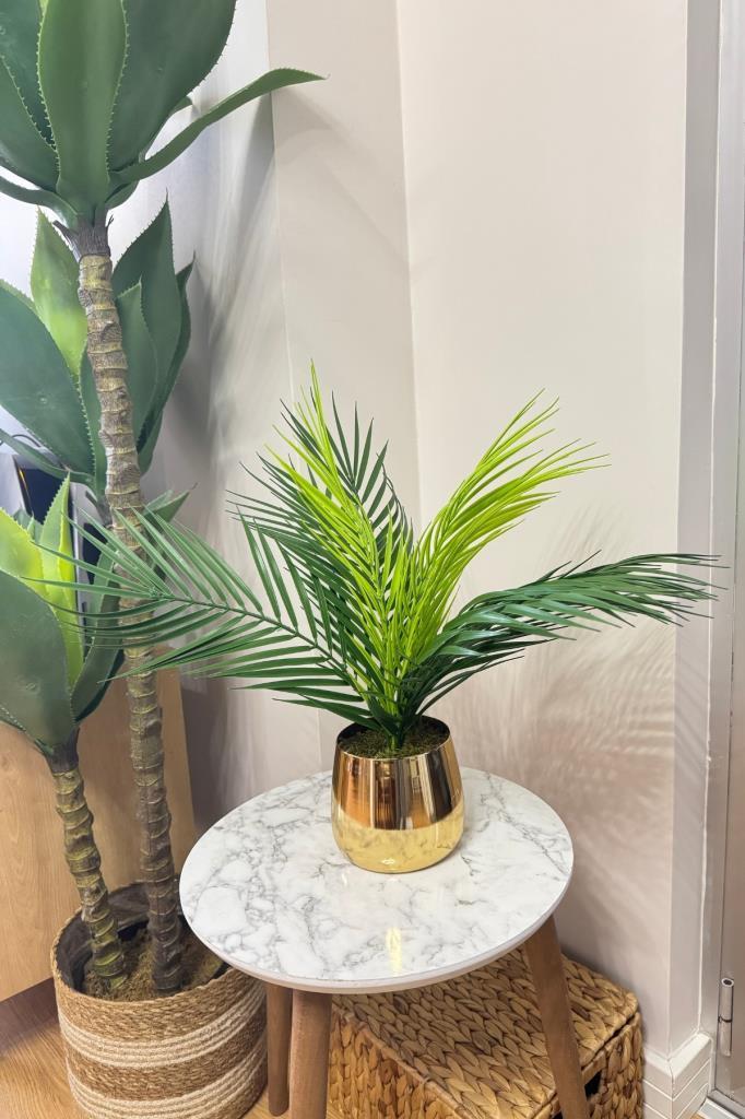 Yapay Çiçek Palmiye Areka Yapay Bitki Gold Metal Saksı Salon Çiçeği 9 Yaprak 50cm