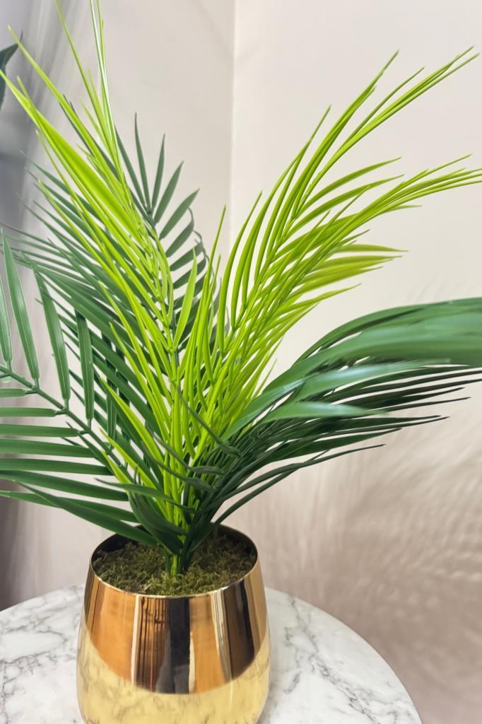 Yapay Çiçek Palmiye Areka Yapay Bitki Gold Metal Saksı Salon Çiçeği 9 Yaprak 50cm