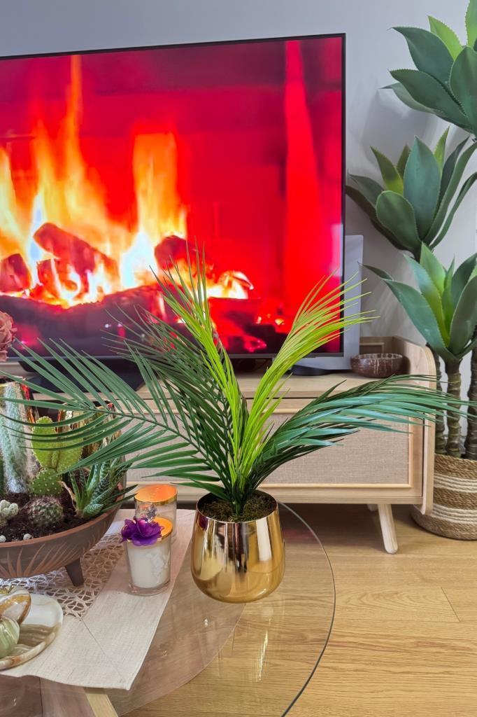Yapay Çiçek Palmiye Areka Yapay Bitki Gold Metal Saksı Salon Çiçeği 9 Yaprak 50cm