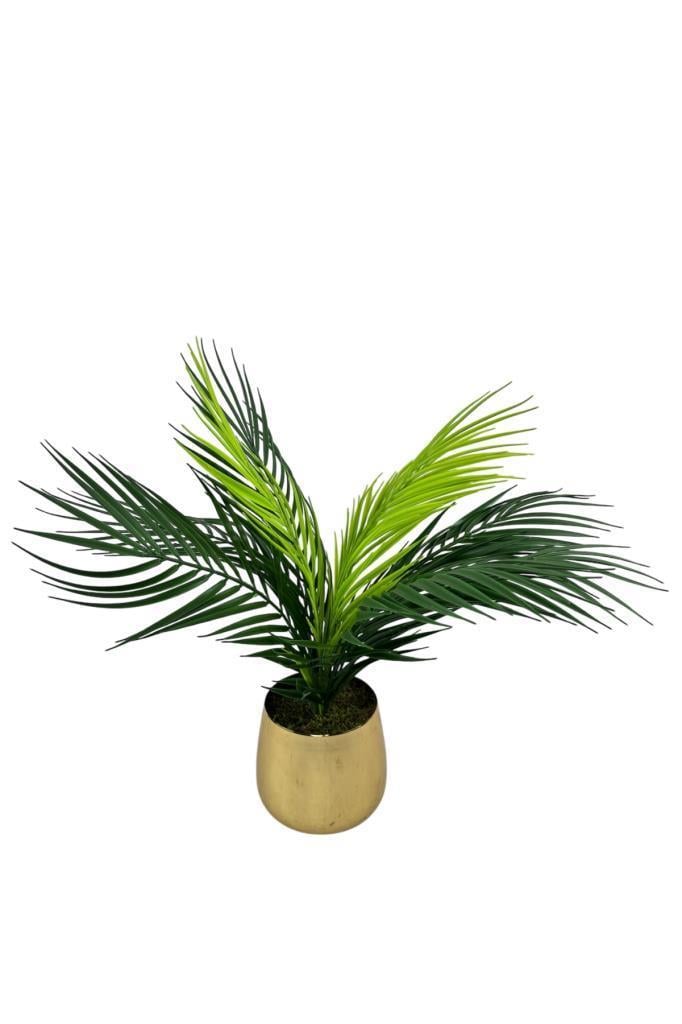 Yapay Çiçek Palmiye Areka Yapay Bitki Gold Metal Saksı Salon Çiçeği 9 Yaprak 50cm