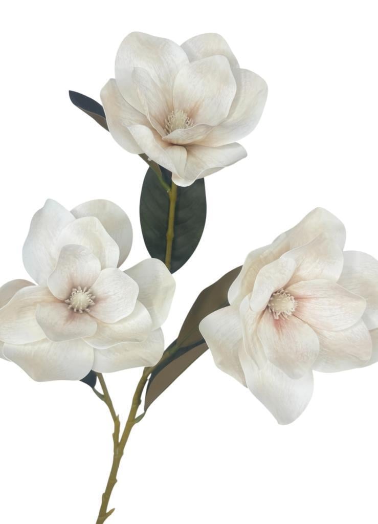 Yapay Çiçek Pastel Ekru Manolya Islak Doku 3 Kafalı Uzun Dal Çiçek Flowers 80cm