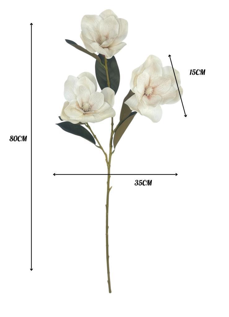 Yapay Çiçek Pastel Ekru Manolya Islak Doku 3 Kafalı Uzun Dal Çiçek Flowers 80cm