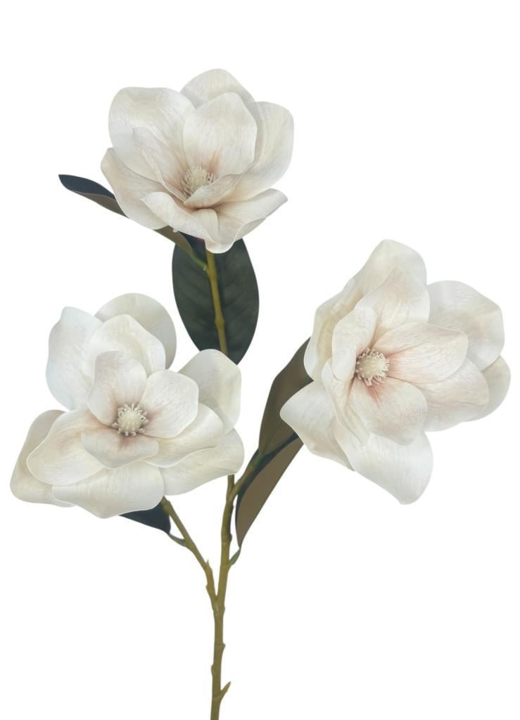 Yapay Çiçek Pastel Ekru Manolya Islak Doku 3 Kafalı Uzun Dal Çiçek Flowers 80cm