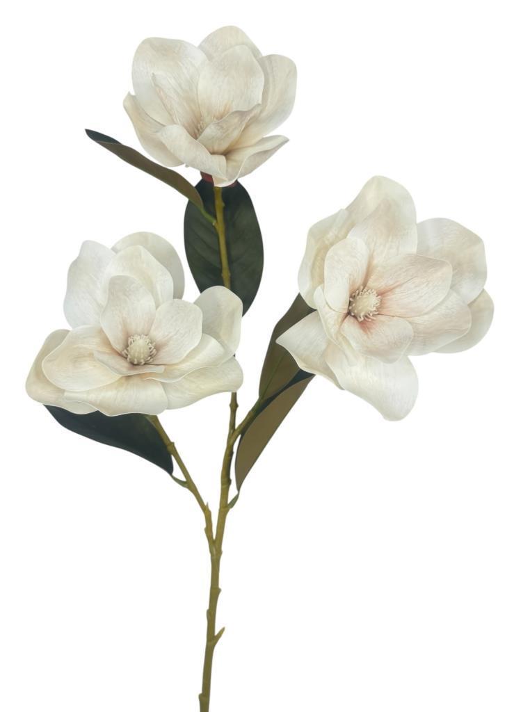 Yapay Çiçek Pastel Ekru Manolya Islak Doku 3 Kafalı Uzun Dal Çiçek Flowers 80cm