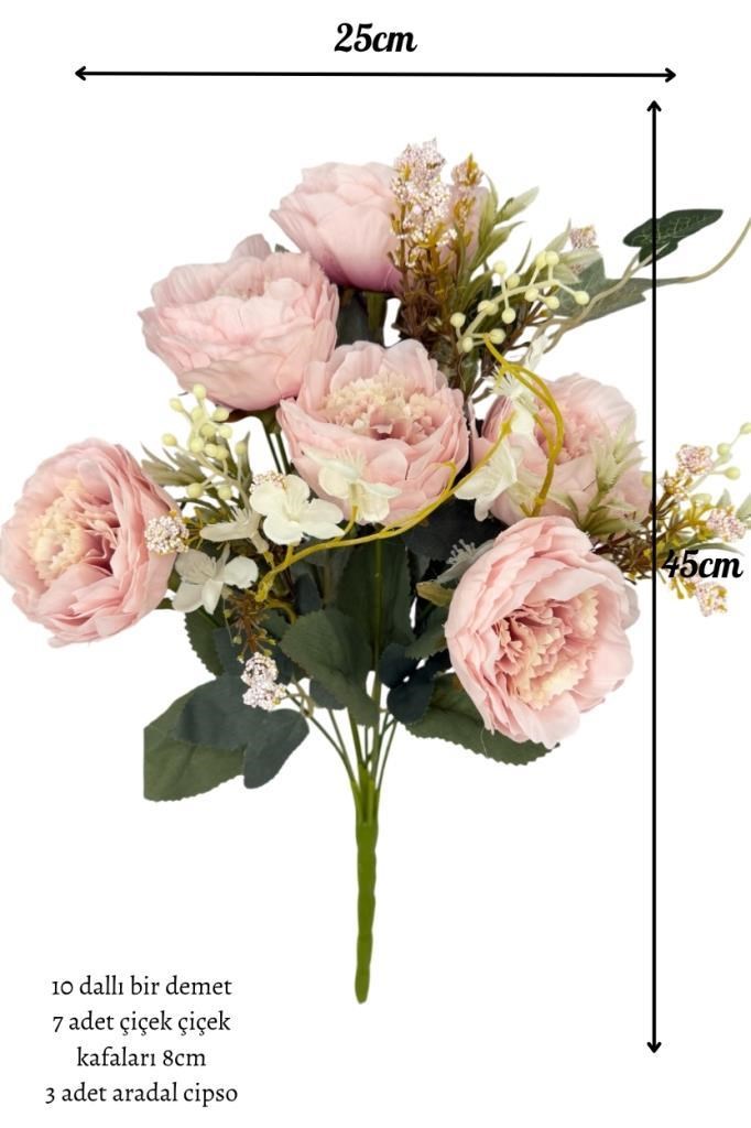 Yapay Çiçek Pembe 10Dallı Katmerli Gelincik Karışık Aranjman Demeti 45*25cm
