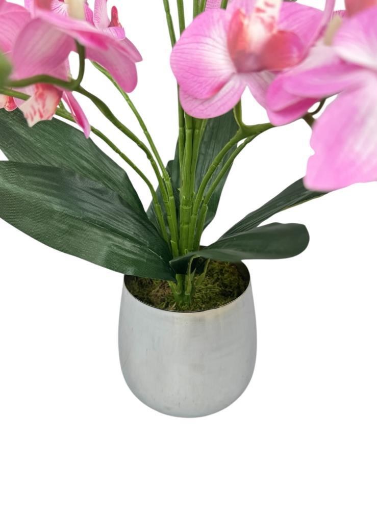 Yapay Çiçek Pembe 9 Dallı Islak Orkide Gümüş Metal Saksıda Saksıda Orkide 60cm