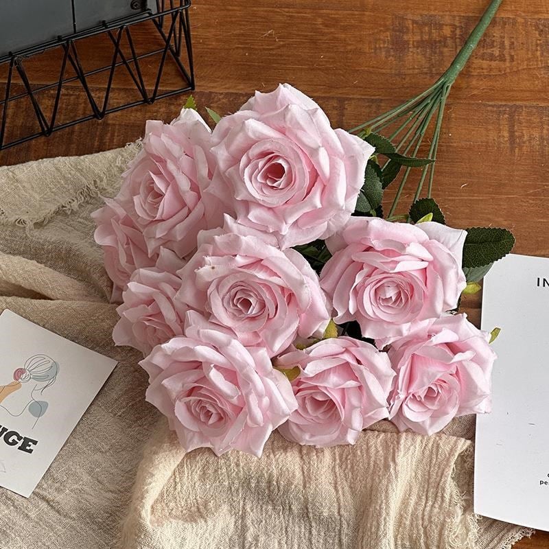 Yapay Çiçek Pembe 9lu Gül Demeti Kumaş 40*25cm