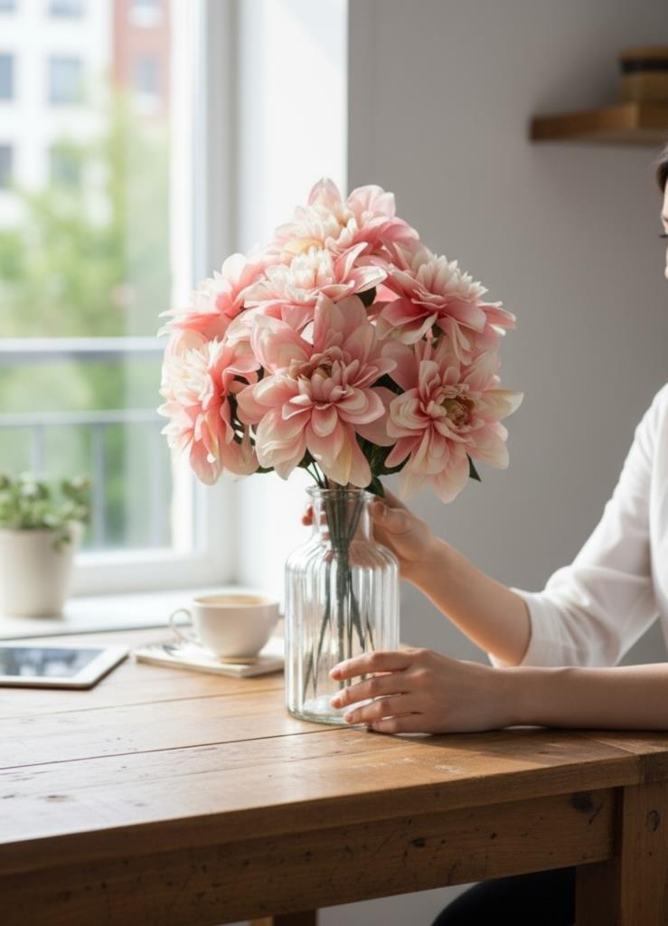 Yapay Çiçek Pembe Açık 7li Yıldız Çiçeği Demeti 40*30cm