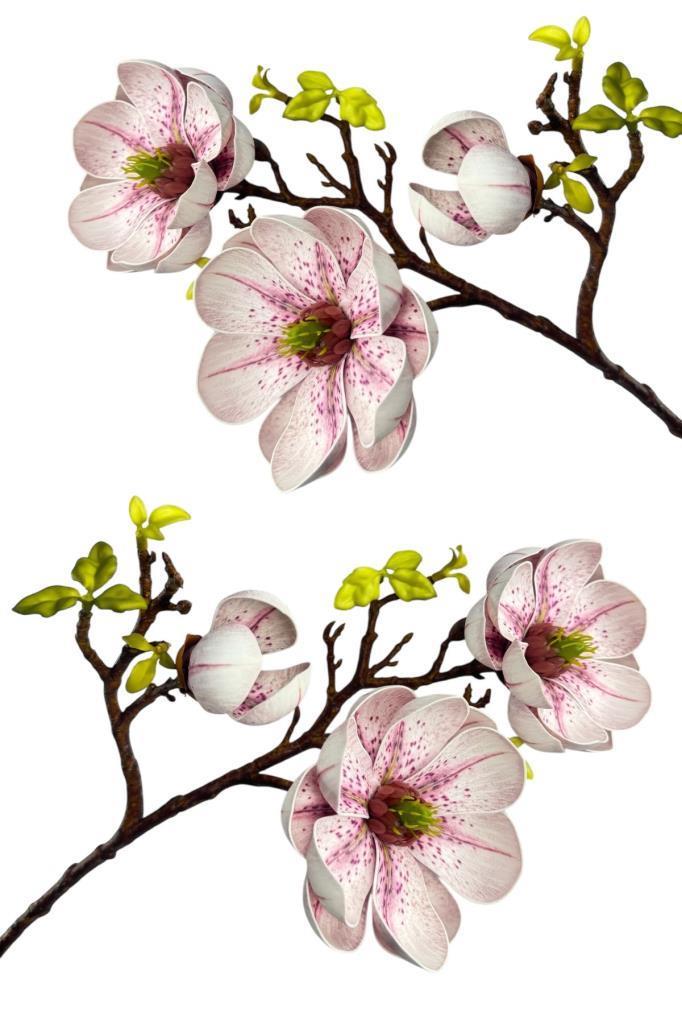 Yapay Çiçek Pembe Açık Eva Manolya 2 Çiçek 1 Tomurcuk Uzun Dal Çiçek Flowers 55cm Gerçeksi Doku