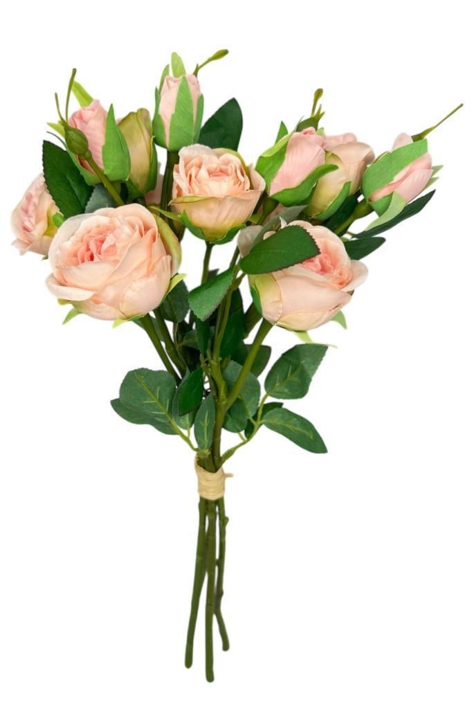 Yapay Çiçek Pembe Açık Gül 8Gül 4Tomurcuklu Lüx Demet Gelin Çiçeği Buketi Masa Üstü VazoÇiçeği 47cm
