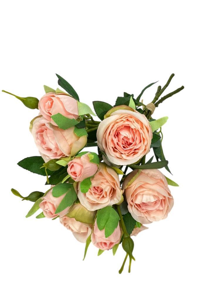 Yapay Çiçek Pembe Açık Gül 8Gül 4Tomurcuklu Lüx Demet Gelin Çiçeği Buketi Masa Üstü VazoÇiçeği 47cm