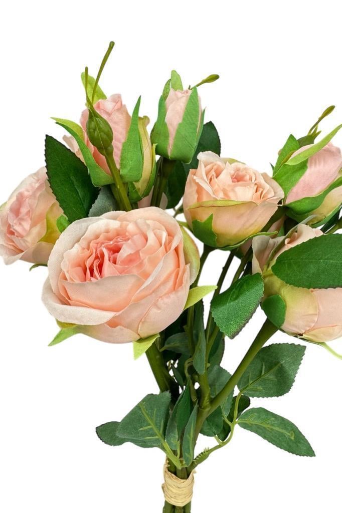 Yapay Çiçek Pembe Açık Gül 8Gül 4Tomurcuklu Lüx Demet Gelin Çiçeği Buketi Masa Üstü VazoÇiçeği 47cm