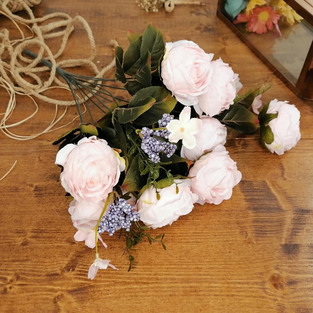 Yapay Çiçek Pembe Açık Renkli 7 Kafalı Eren Gül Demeti Büyük Boy