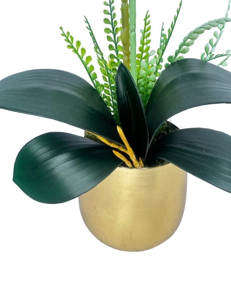 Yapay Çiçek Pembe Çilli Islak Orkide Gold Metal Saksıda Seramik Saksıda Orkide 60cm
