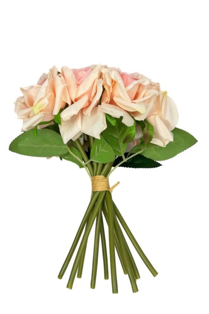 Yapay Çiçek Pembe Gül 10lu Demet Gelin Çiçeği Buketi Masa Üstü Vazo Çiçeği 25cm