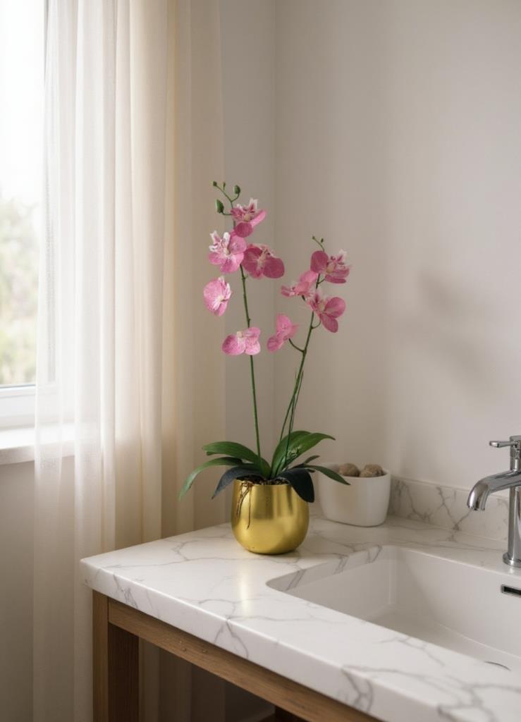 Yapay Çiçek Pembe Islak Orkide Gold Metal Saksıda Saksıda Orkide 50cm