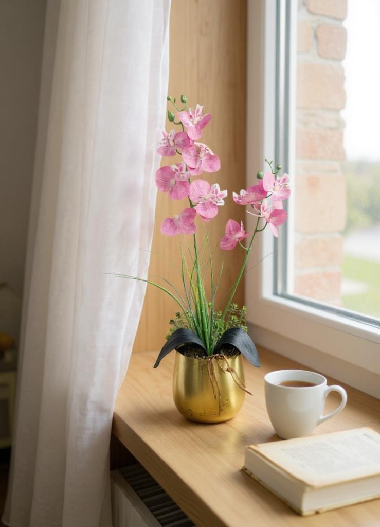 Yapay Çiçek Pembe Islak Orkide Gold Metal Saksıda Saksıda Orkide 50cm