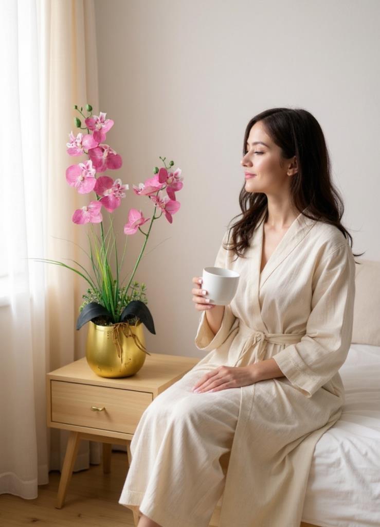 Yapay Çiçek Pembe Islak Orkide Gold Metal Saksıda Saksıda Orkide 50cm