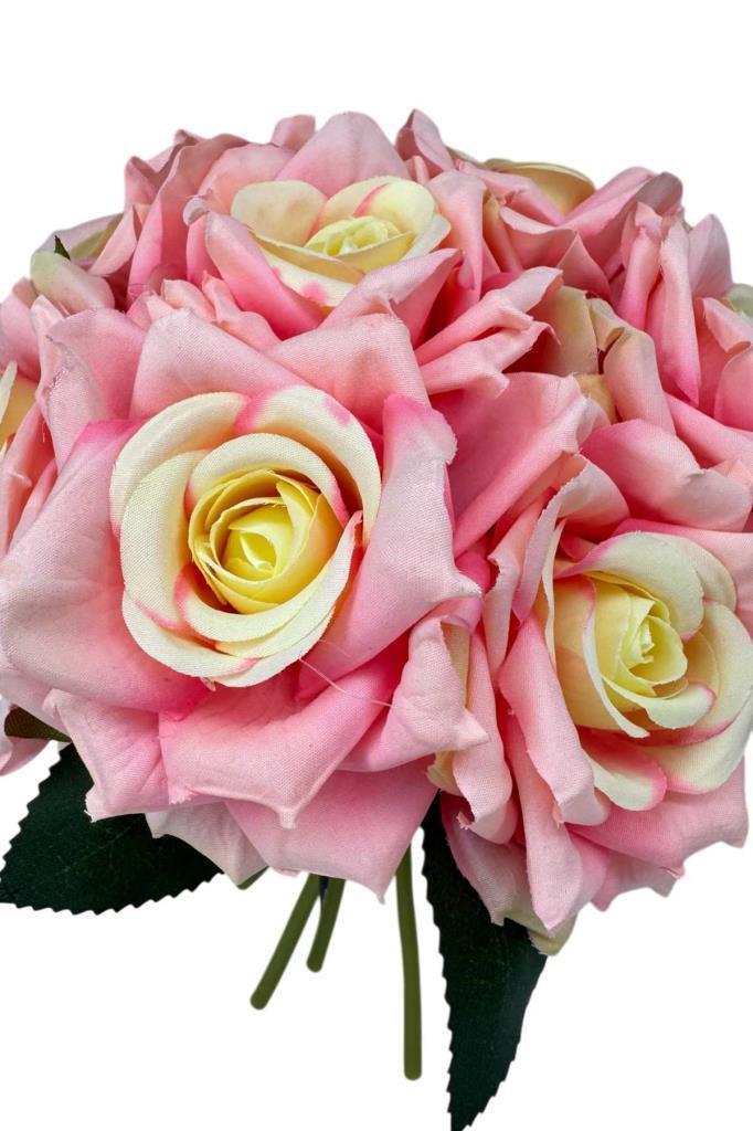 Yapay Çiçek Pembe Koyu Gül 10lu Demet Gelin Çiçeği Buketi Masa Üstü Vazo Çiçeği 25cm