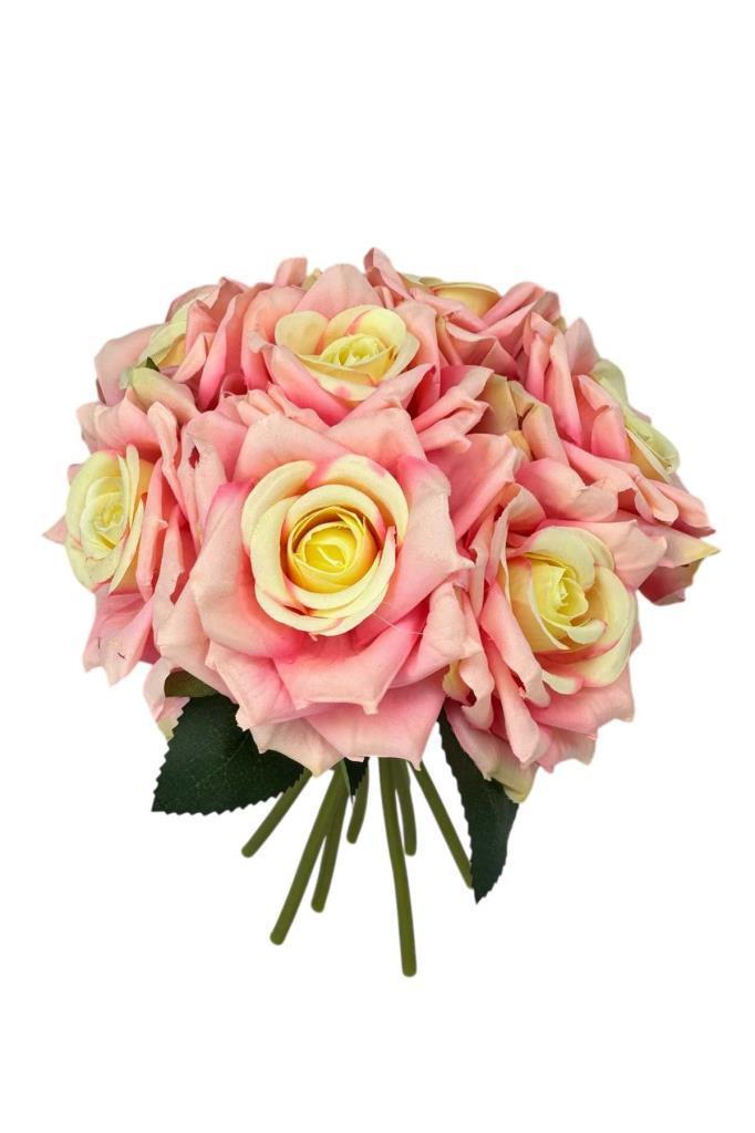 Yapay Çiçek Pembe Koyu Gül 10lu Demet Gelin Çiçeği Buketi Masa Üstü Vazo Çiçeği 25cm