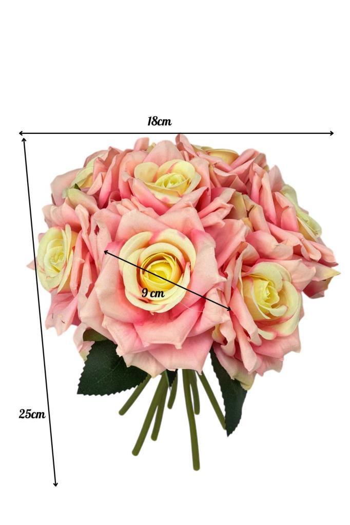 Yapay Çiçek Pembe Koyu Gül 10lu Demet Gelin Çiçeği Buketi Masa Üstü Vazo Çiçeği 25cm