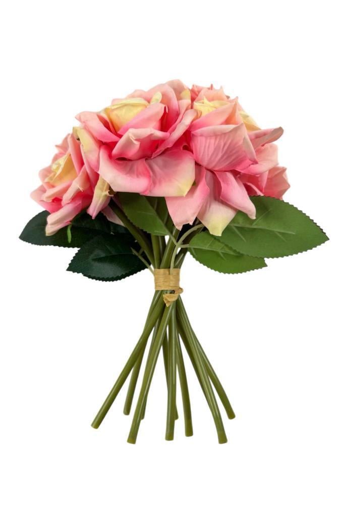 Yapay Çiçek Pembe Koyu Gül 10lu Demet Gelin Çiçeği Buketi Masa Üstü Vazo Çiçeği 25cm