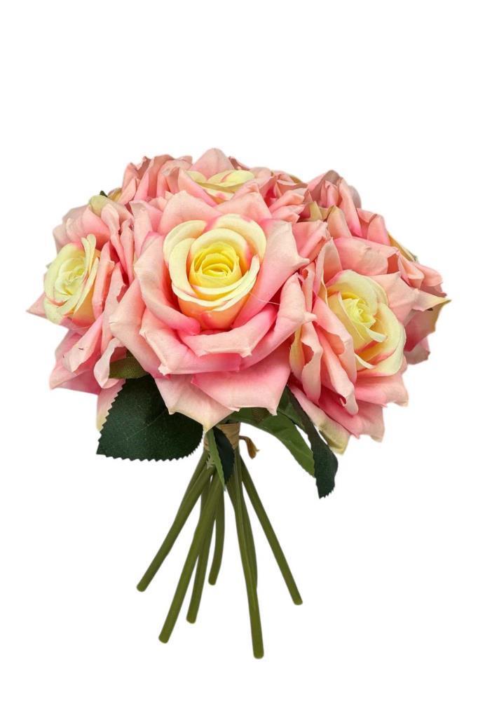 Yapay Çiçek Pembe Koyu Gül 10lu Demet Gelin Çiçeği Buketi Masa Üstü Vazo Çiçeği 25cm