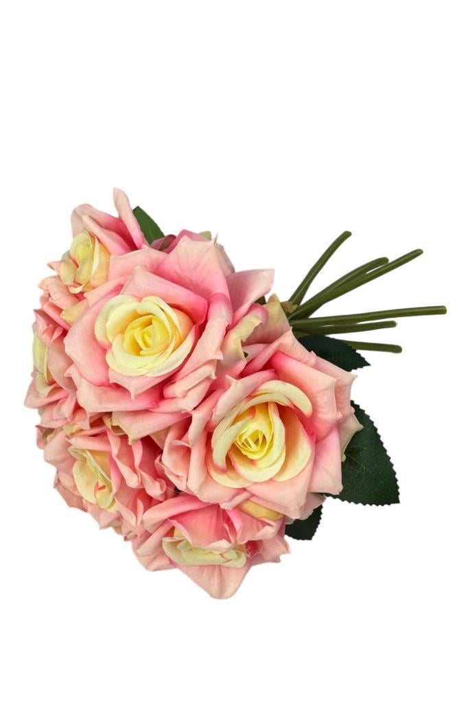 Yapay Çiçek Pembe Koyu Gül 10lu Demet Gelin Çiçeği Buketi Masa Üstü Vazo Çiçeği 25cm